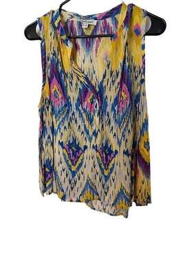 Color Block Sleeveless V-Neck Blouse with Metallic Lurex Ikat Print